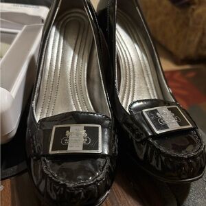Coach Black Patent Leather Logo Plaque Moccasin Flats